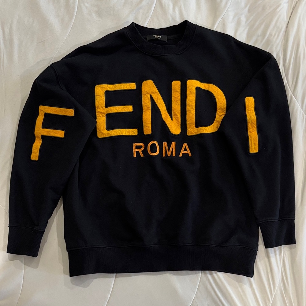 Fendi Roma Logo Black and Yellow Orange Crewneck Sweatshirt Size XXL